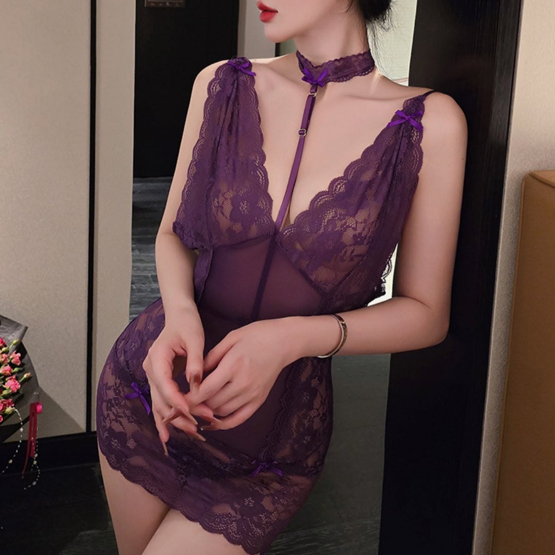 Purple deep v lace halter see through nightdress
