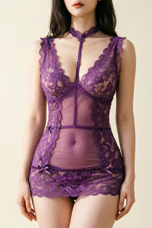 Purple deep v lace see through hip skirt dress