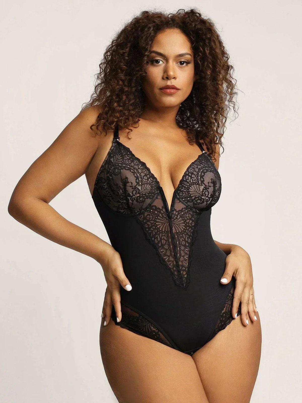 Black deep v-neck molded lining lace bodysuit