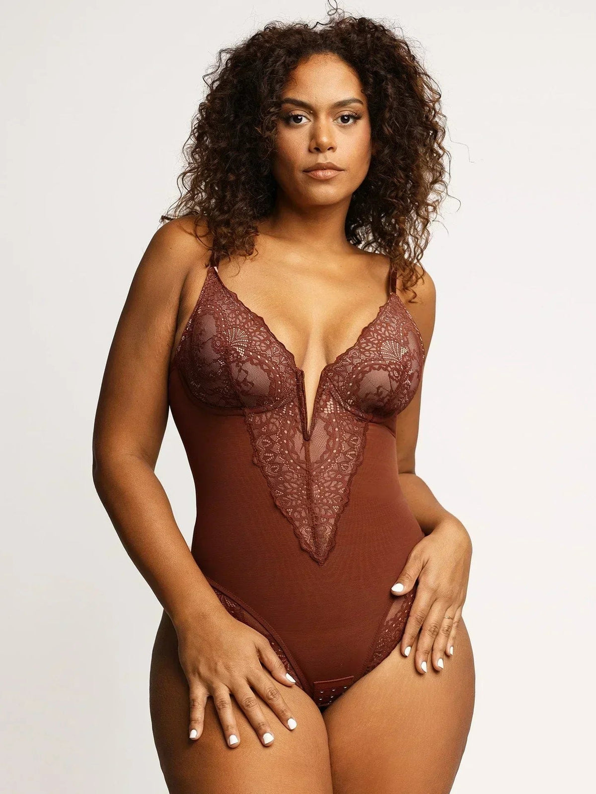 Brown deep v-neck molded lining lace bodysuit