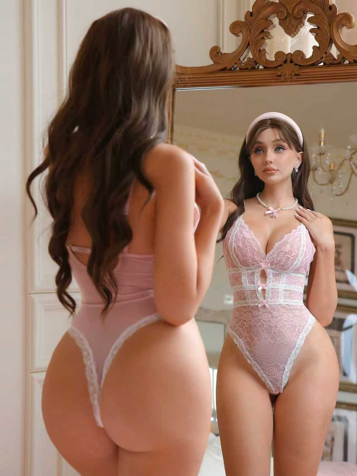 Deep v pink bow lace bodysuit, photo 5