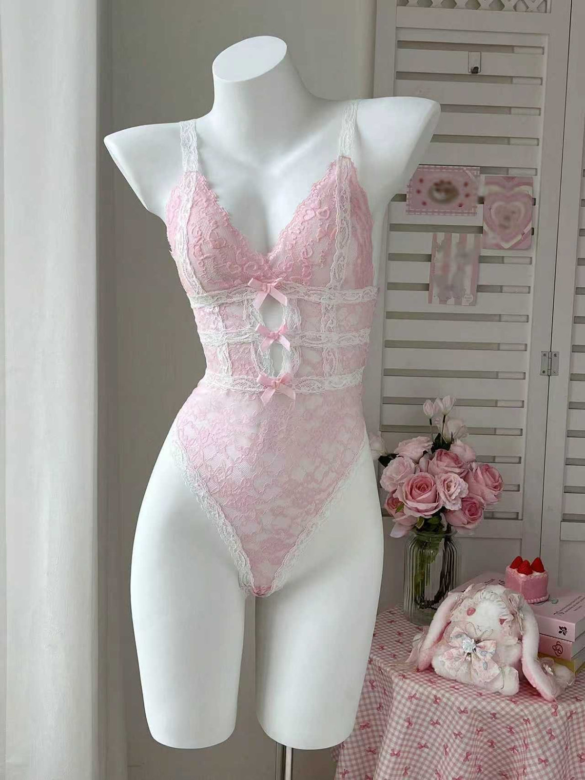 Deep v pink bow lace bodysuit, photo 6