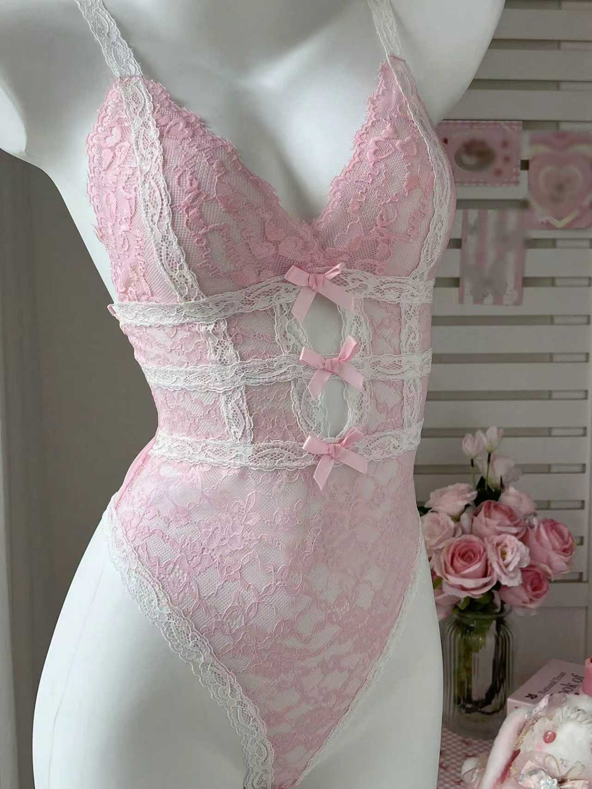 Deep v pink bow lace bodysuit, photo 7