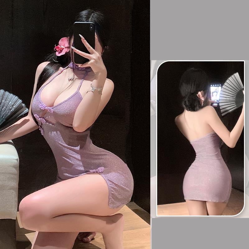 Purple deep v slant cardigan cheongsam chemise