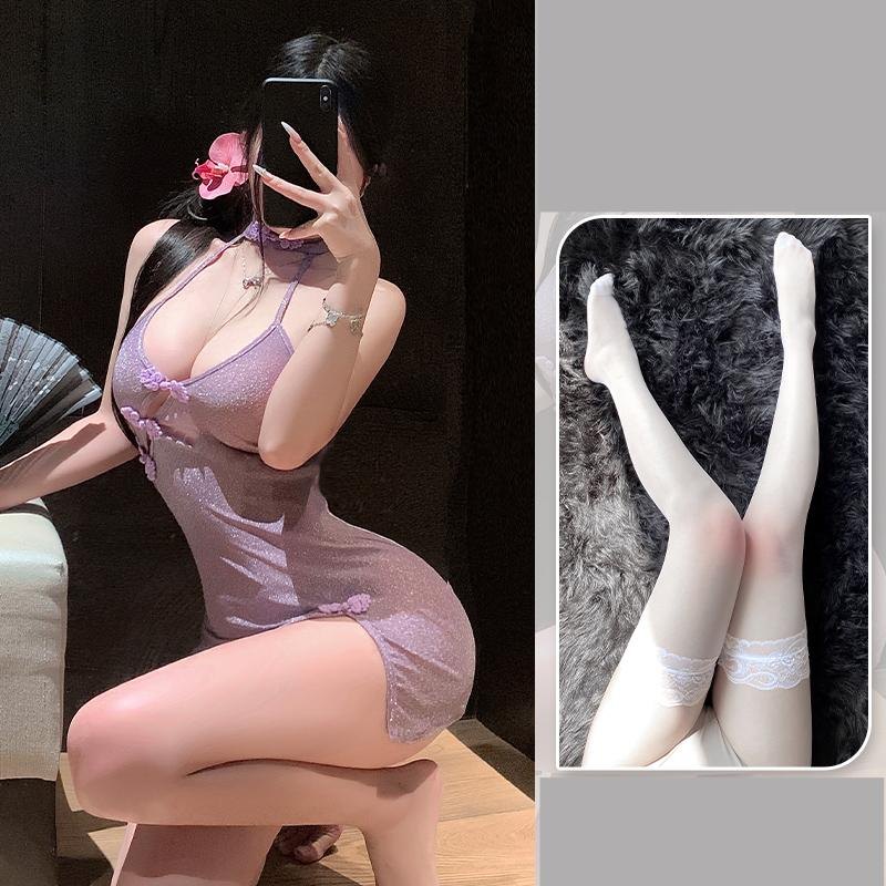 With Lace Stockings deep v slant cardigan cheongsam chemise