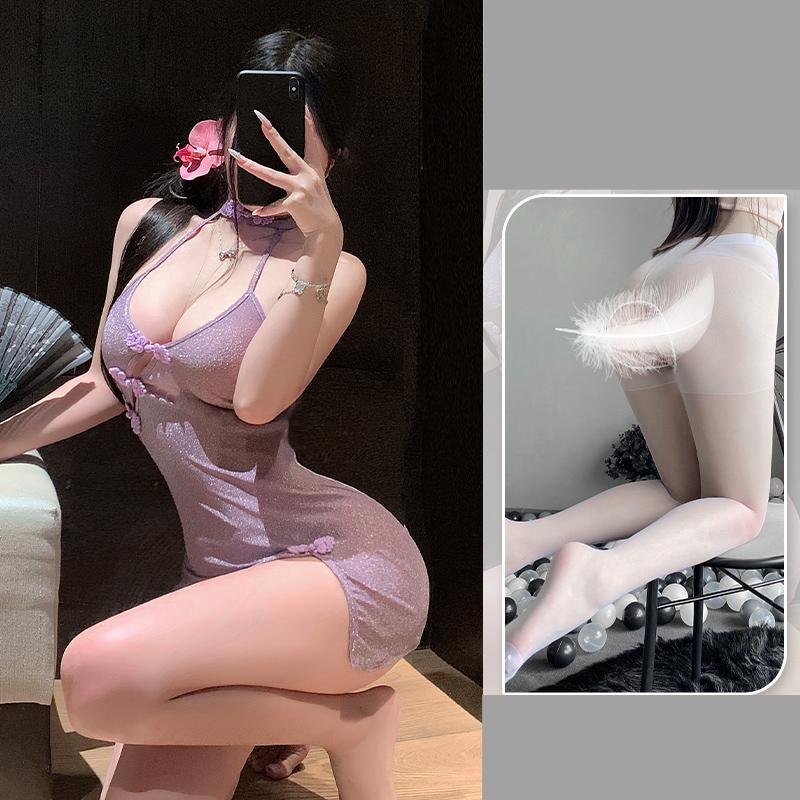 With Open-crotch Stockings deep v slant cardigan cheongsam chemise