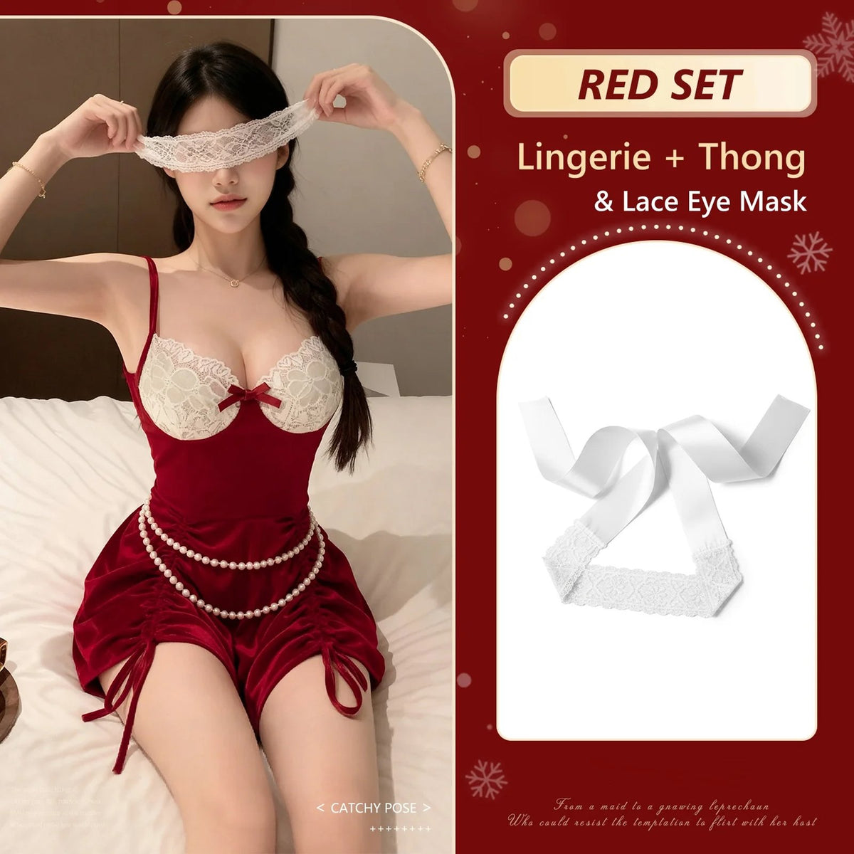 Red & Eye Mask Set deep v velvet lace nightgown chemise