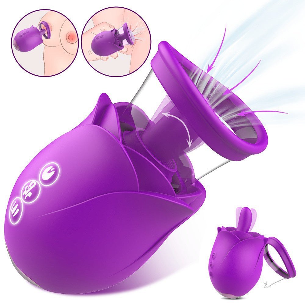 Purple Rose-shaped suction and tongue-licking vibrator with detachable cup