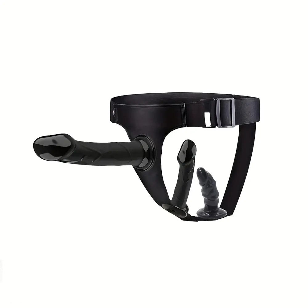 Black strap-on harness with detachable dildo heads, photo 1