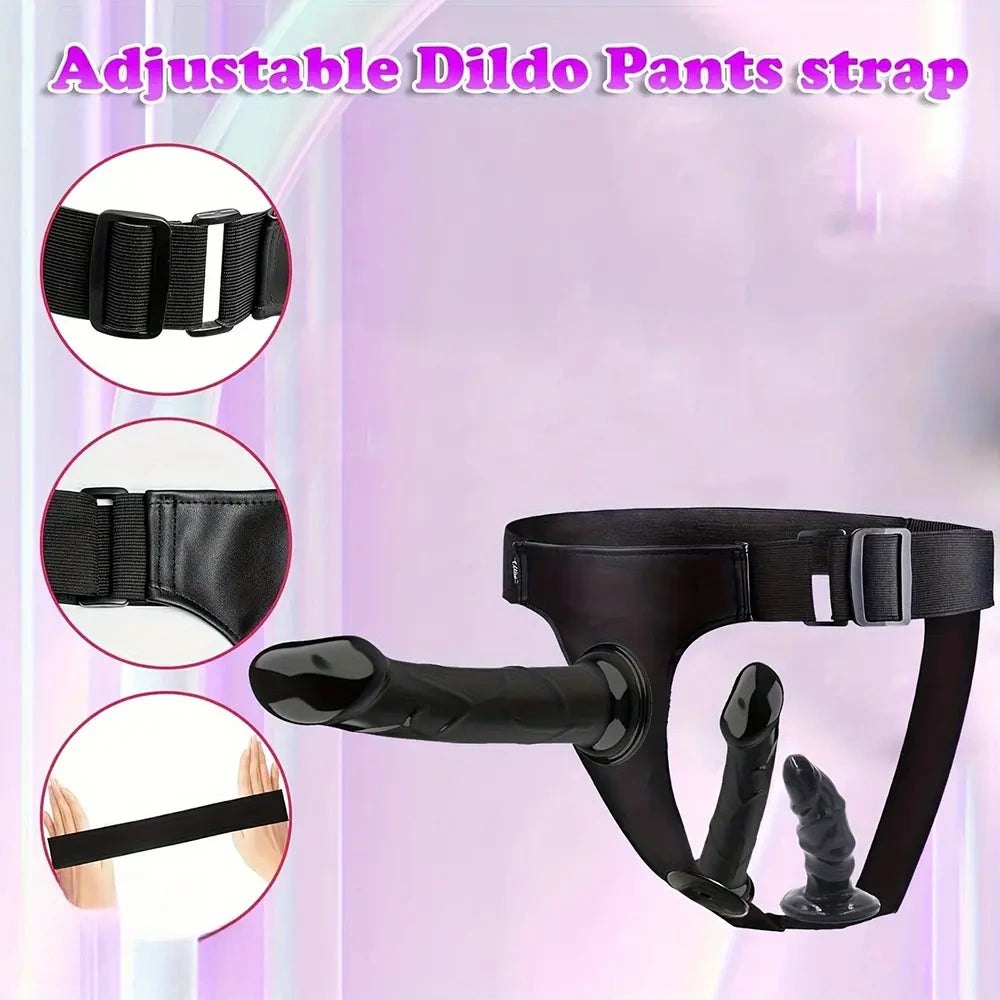 Black strap-on harness with detachable dildo heads, photo 2