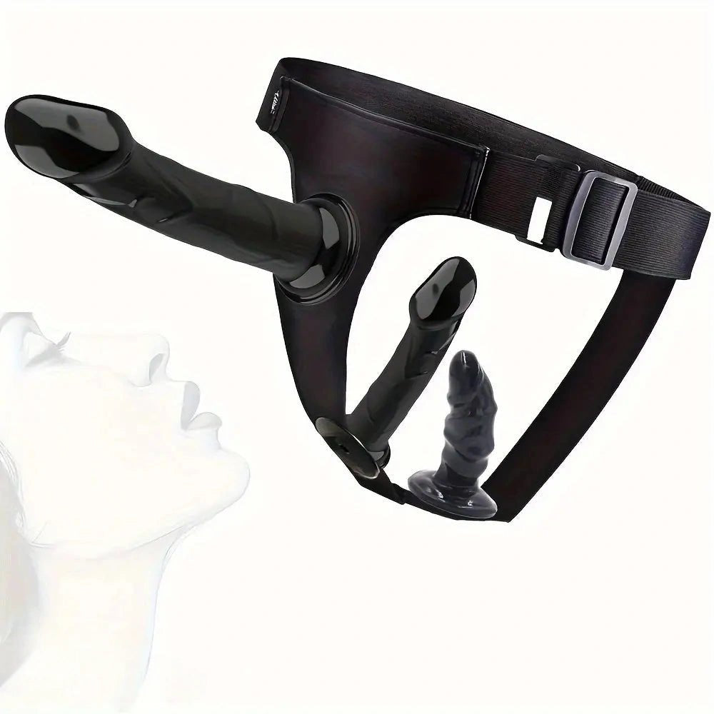 Black strap-on harness with detachable dildo heads, photo 4