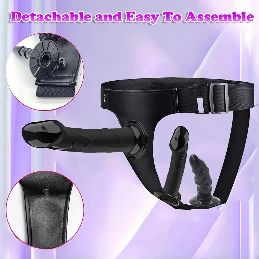 Black strap-on harness with detachable dildo heads, photo 5