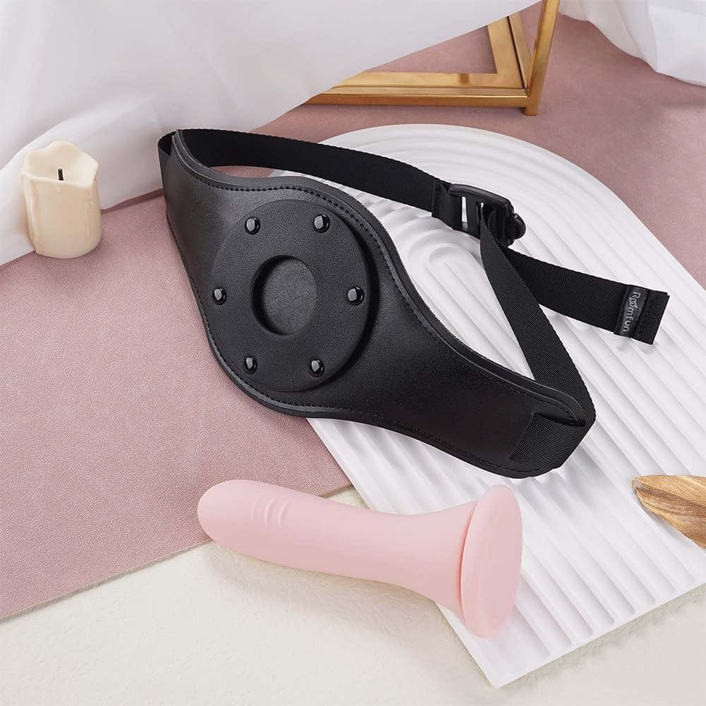 Pink silicone dildo on a black strap-on harness, photo 7