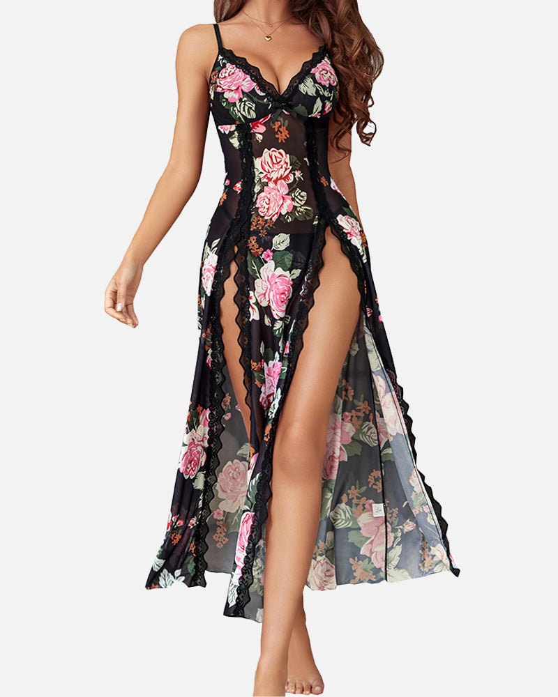 Black Flower diamond embellished lace sleepwear set