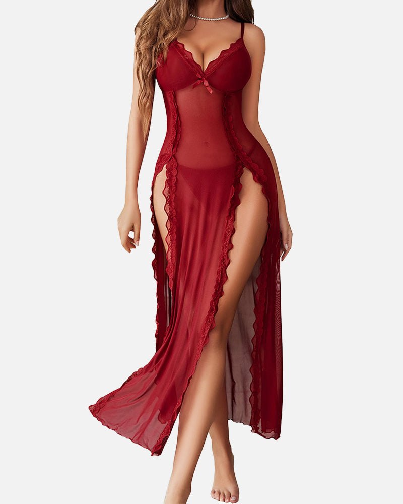 Red diamond embellished lace sleepwear set