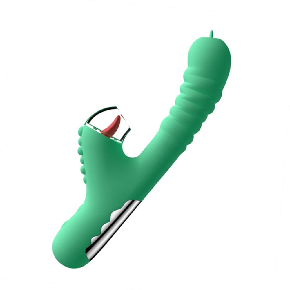 Green dinosaur-inspired dual rabbit vibrator