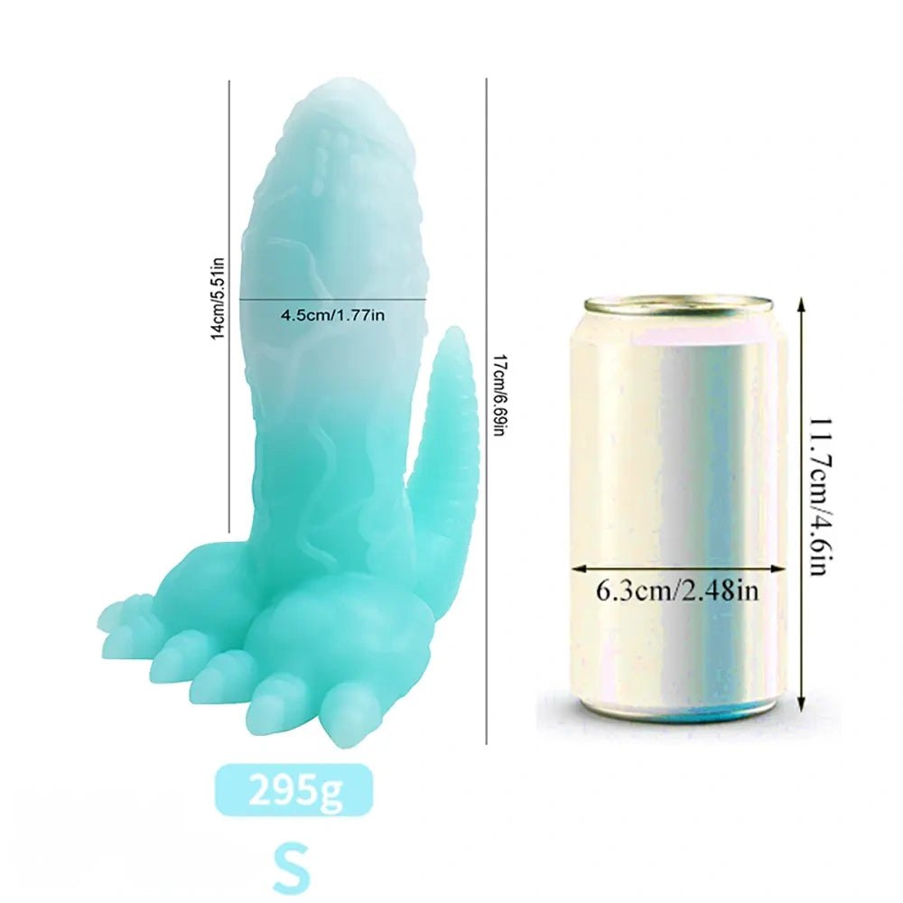 A blue pink dinosaur tail fantasy dildo