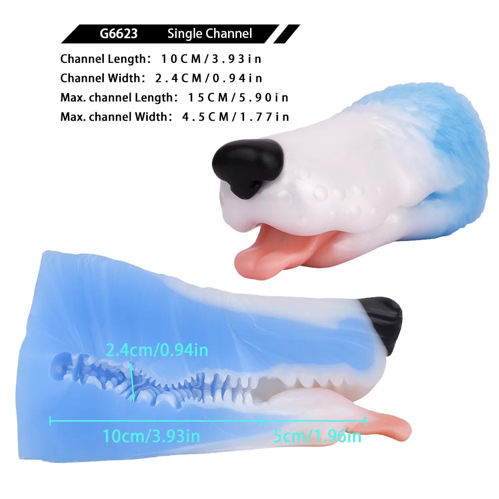 Dog head onahole masturbator with pink tongue, photo 14