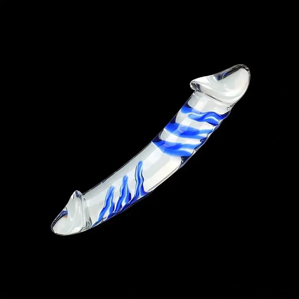 Clear glass double ended dildo with blue swirl pattern, photo 1
