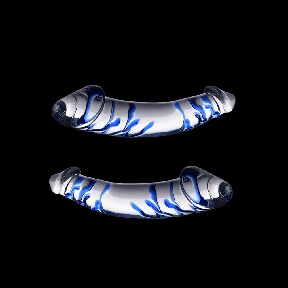 Clear glass double ended dildo with blue swirl pattern, photo 2