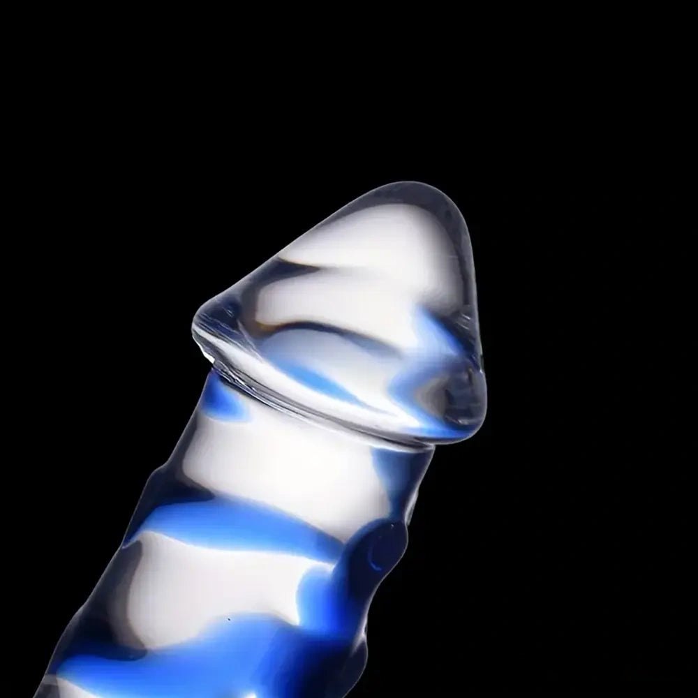 Clear glass double ended dildo with blue swirl pattern, photo 3