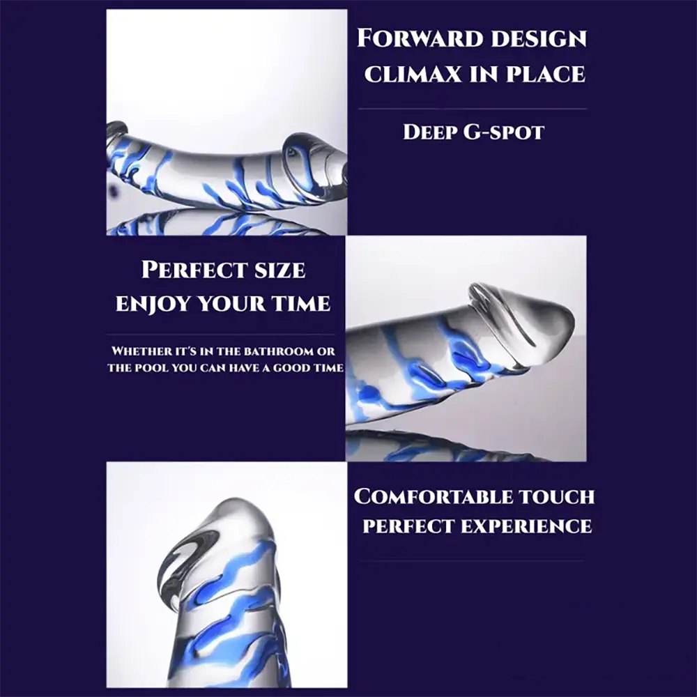 Clear glass double ended dildo with blue swirl pattern, photo 4