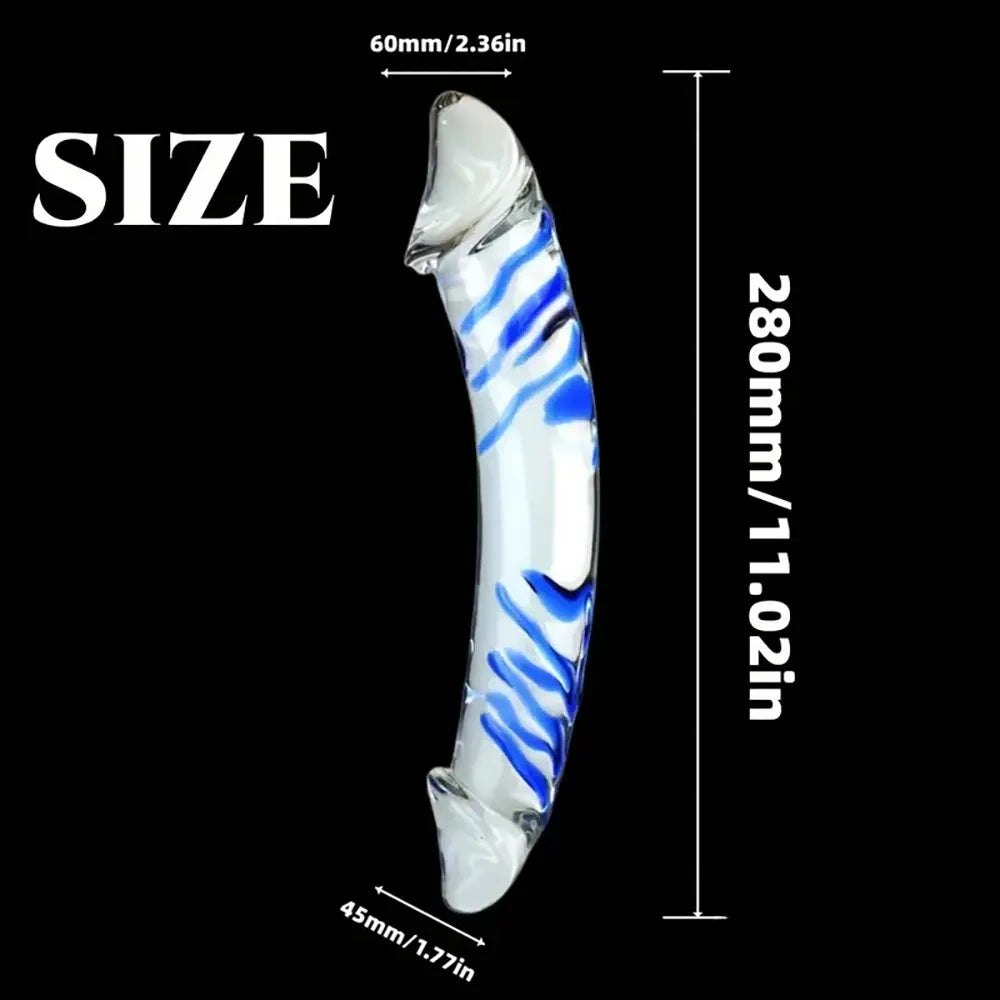 Clear glass double ended dildo with blue swirl pattern, photo 5