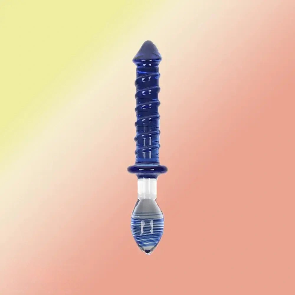 Blue double-ended ribbed glass wand dildo