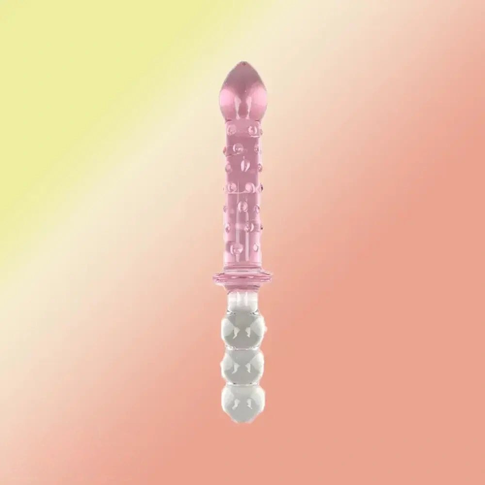 Pink double-ended ribbed glass wand dildo