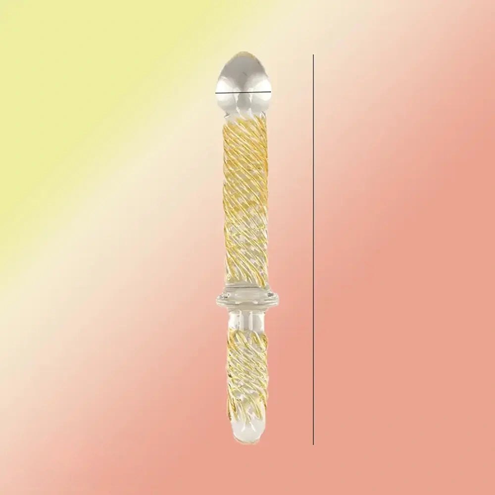 Yellow double-ended ribbed glass wand dildo