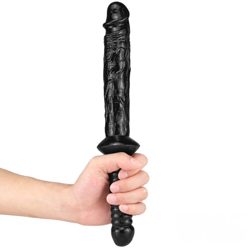 Black double-ended realistic dildo with pointed tip and ribbed grip, photo 1