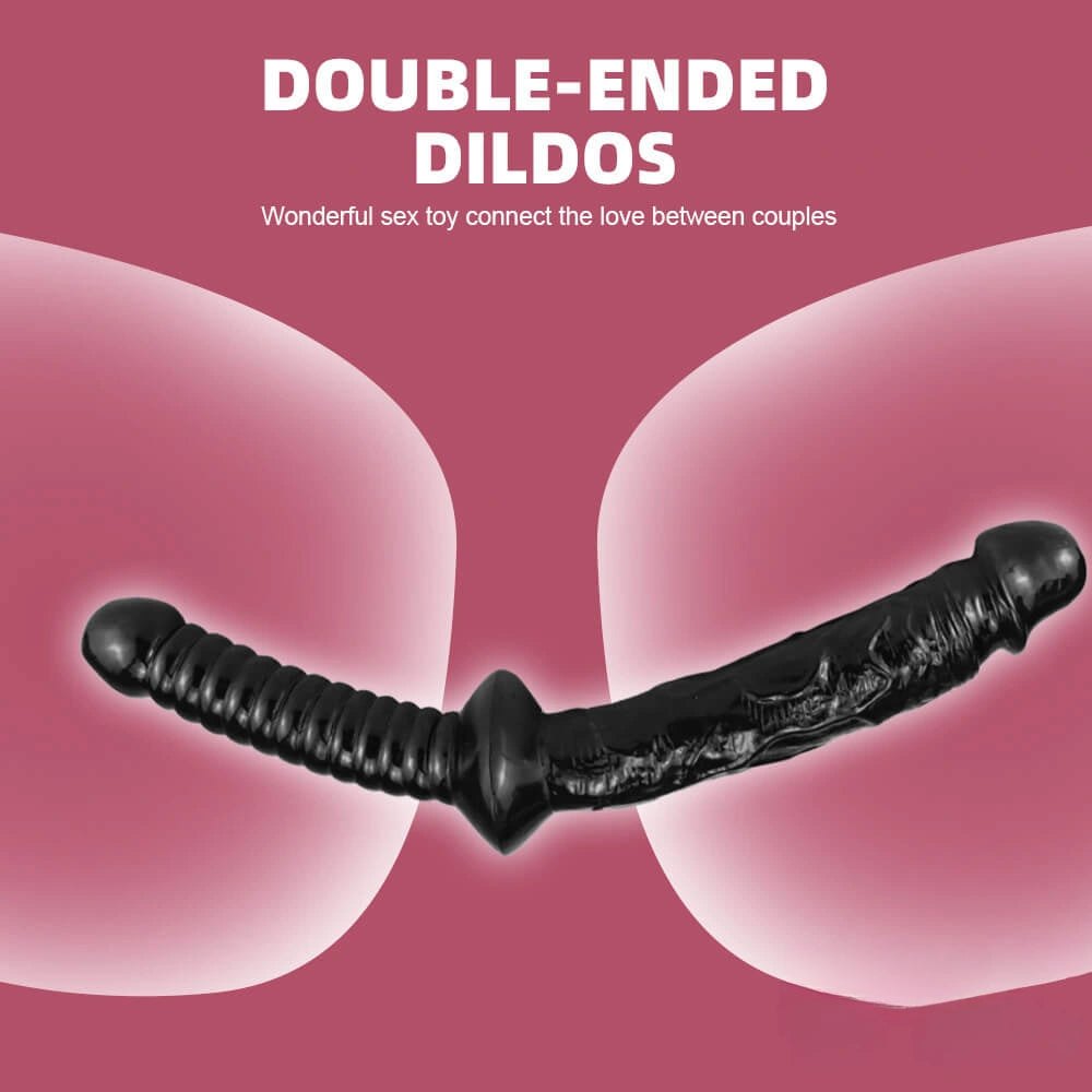 Black double-ended realistic dildo with pointed tip and ribbed grip, photo 2