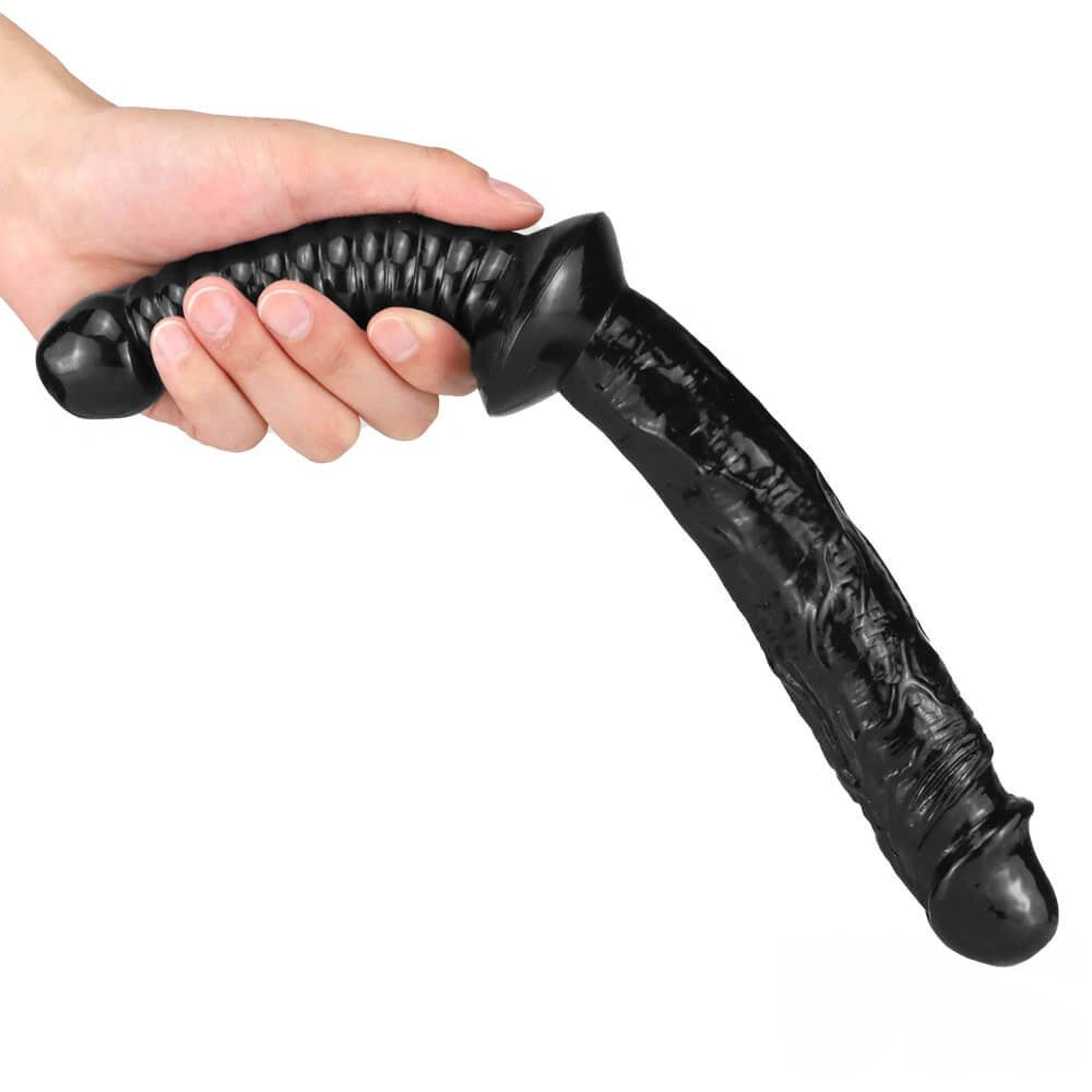 Black double-ended realistic dildo with pointed tip and ribbed grip, photo 3