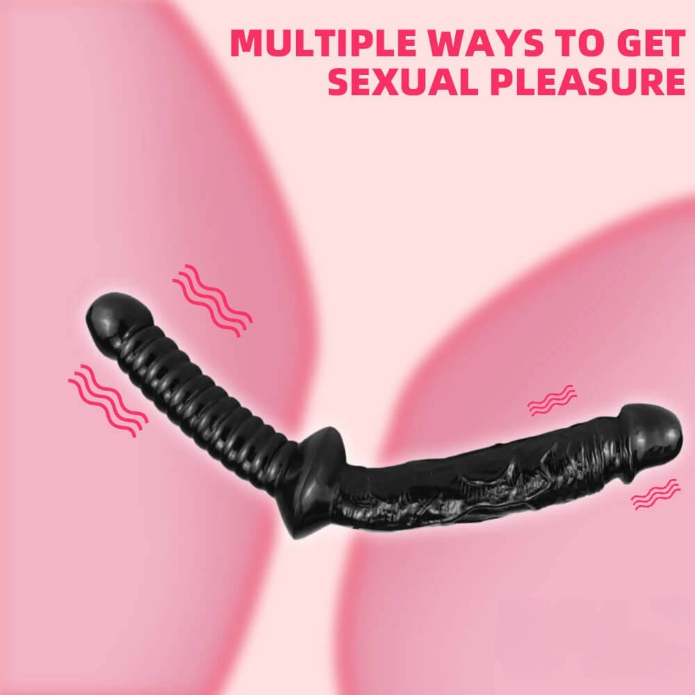 Black double-ended realistic dildo with pointed tip and ribbed grip, photo 4