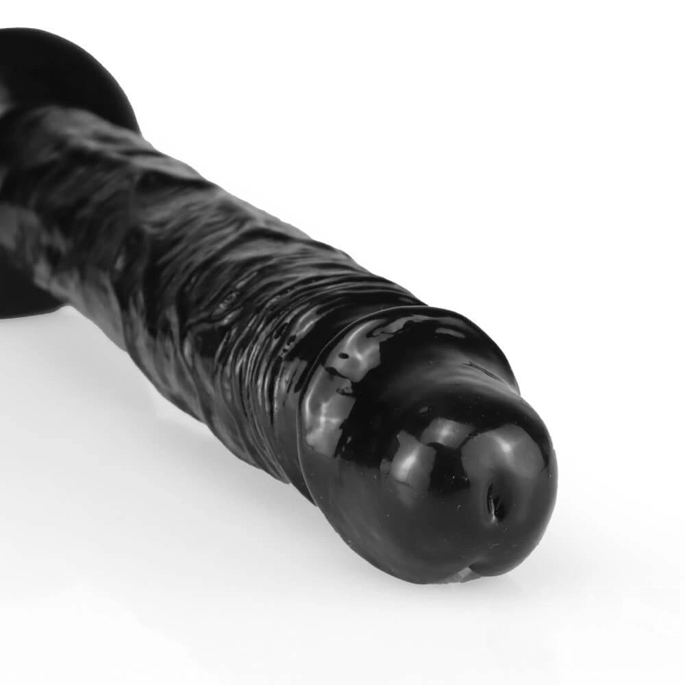 Black double-ended realistic dildo with pointed tip and ribbed grip, photo 5