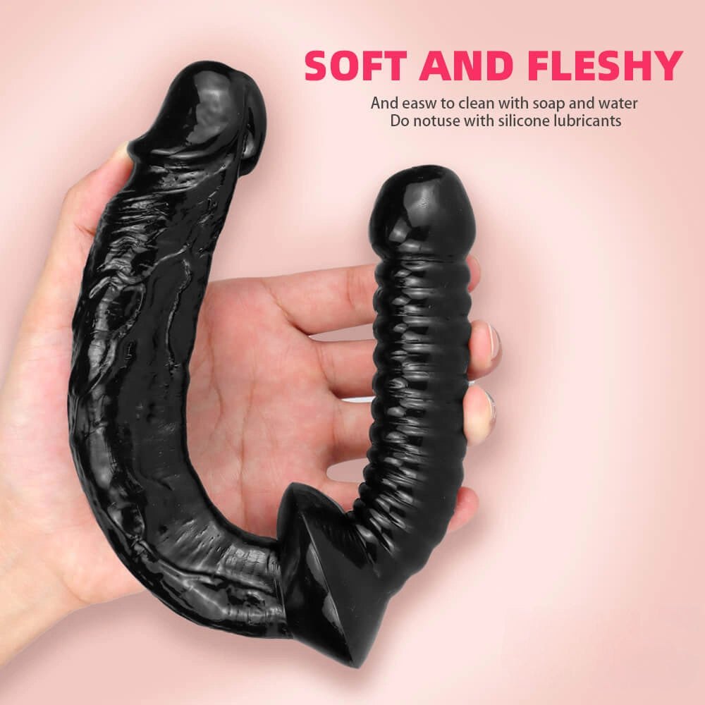 Black double-ended realistic dildo with pointed tip and ribbed grip, photo 6