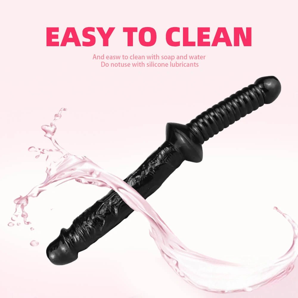 Black double-ended realistic dildo with pointed tip and ribbed grip, photo 7