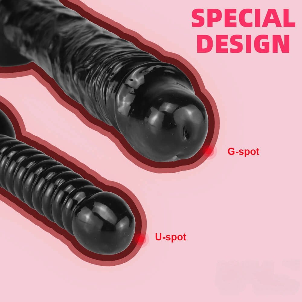 Black double-ended realistic dildo with pointed tip and ribbed grip, photo 8