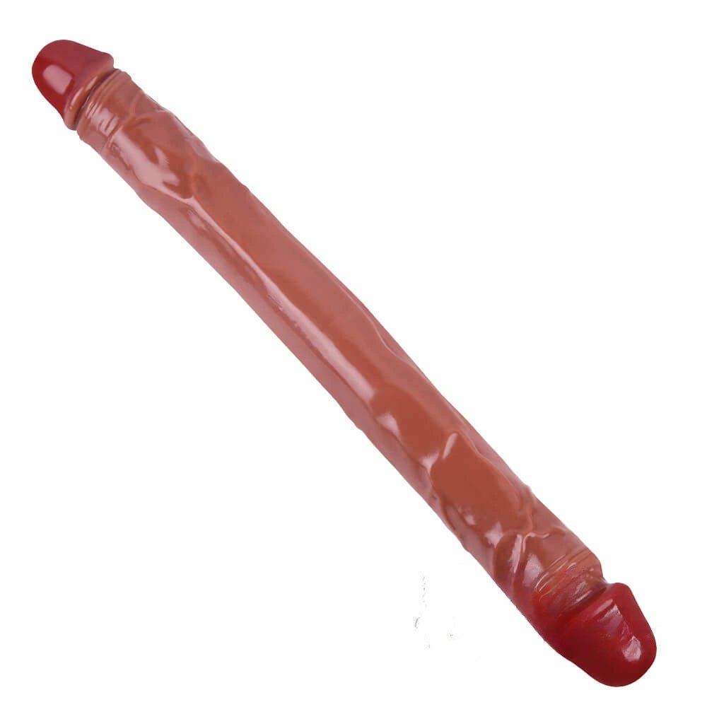 Brown double ended realistic dildo with a head on each end