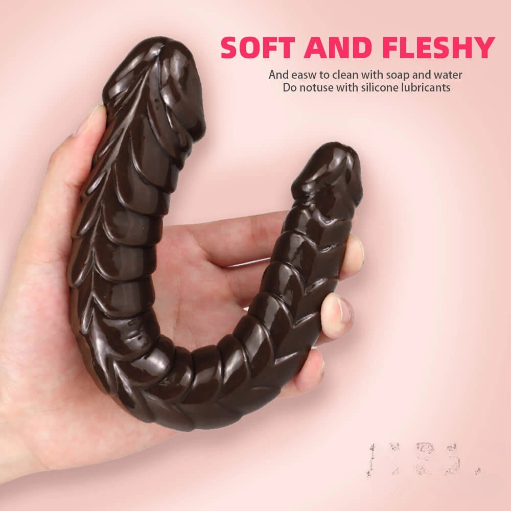 Coffee brown ribbed double-ended dildo, photo 8