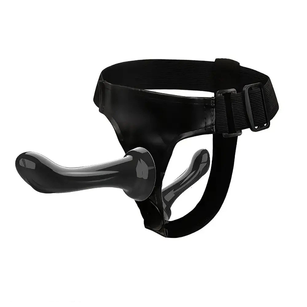 Black strap-on harness with double-ended dildo