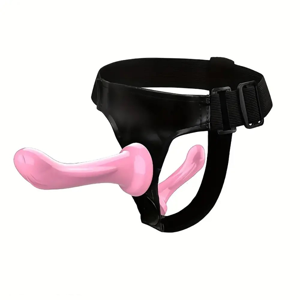 Pink strap-on harness with double-ended dildo