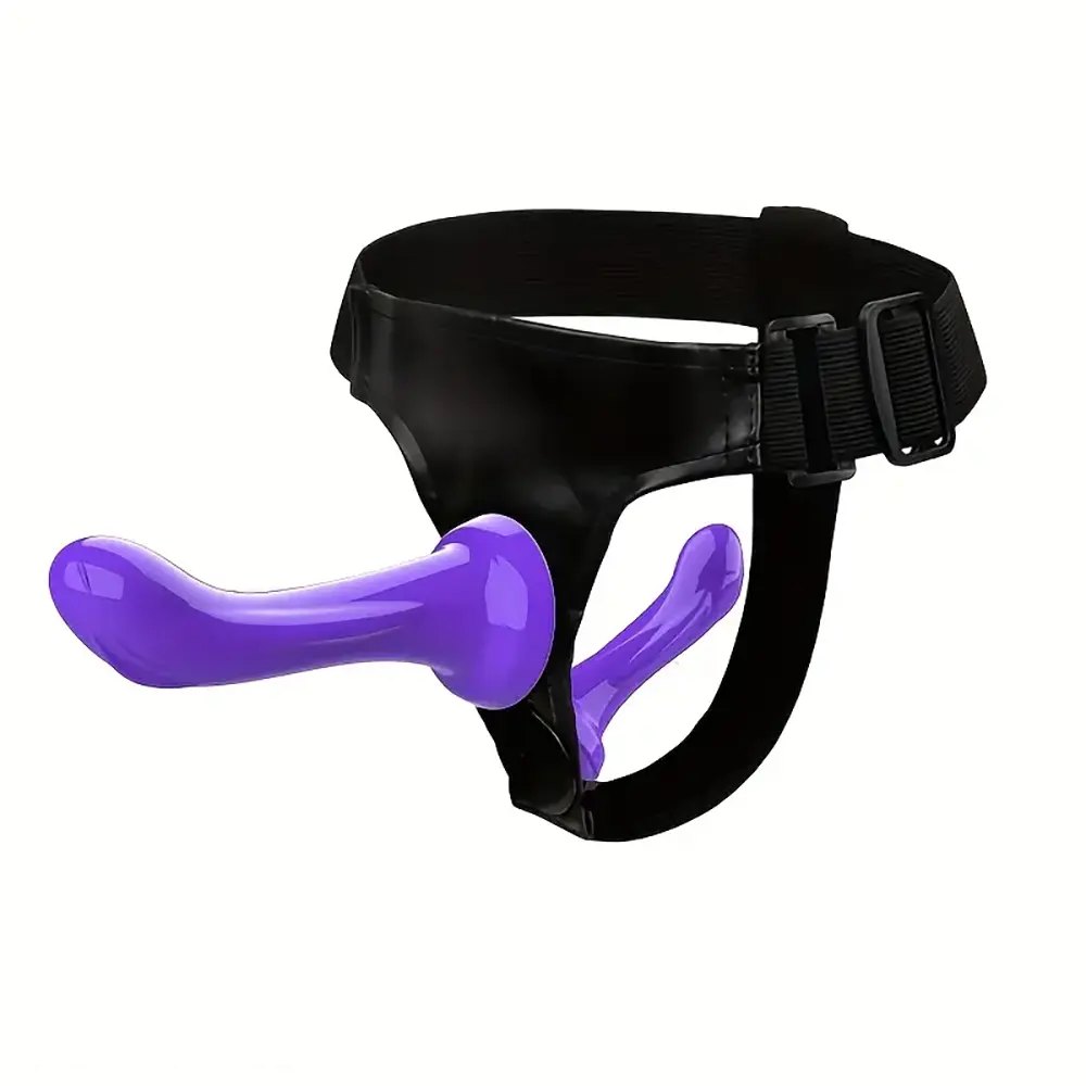 Purple strap-on harness with double-ended dildo