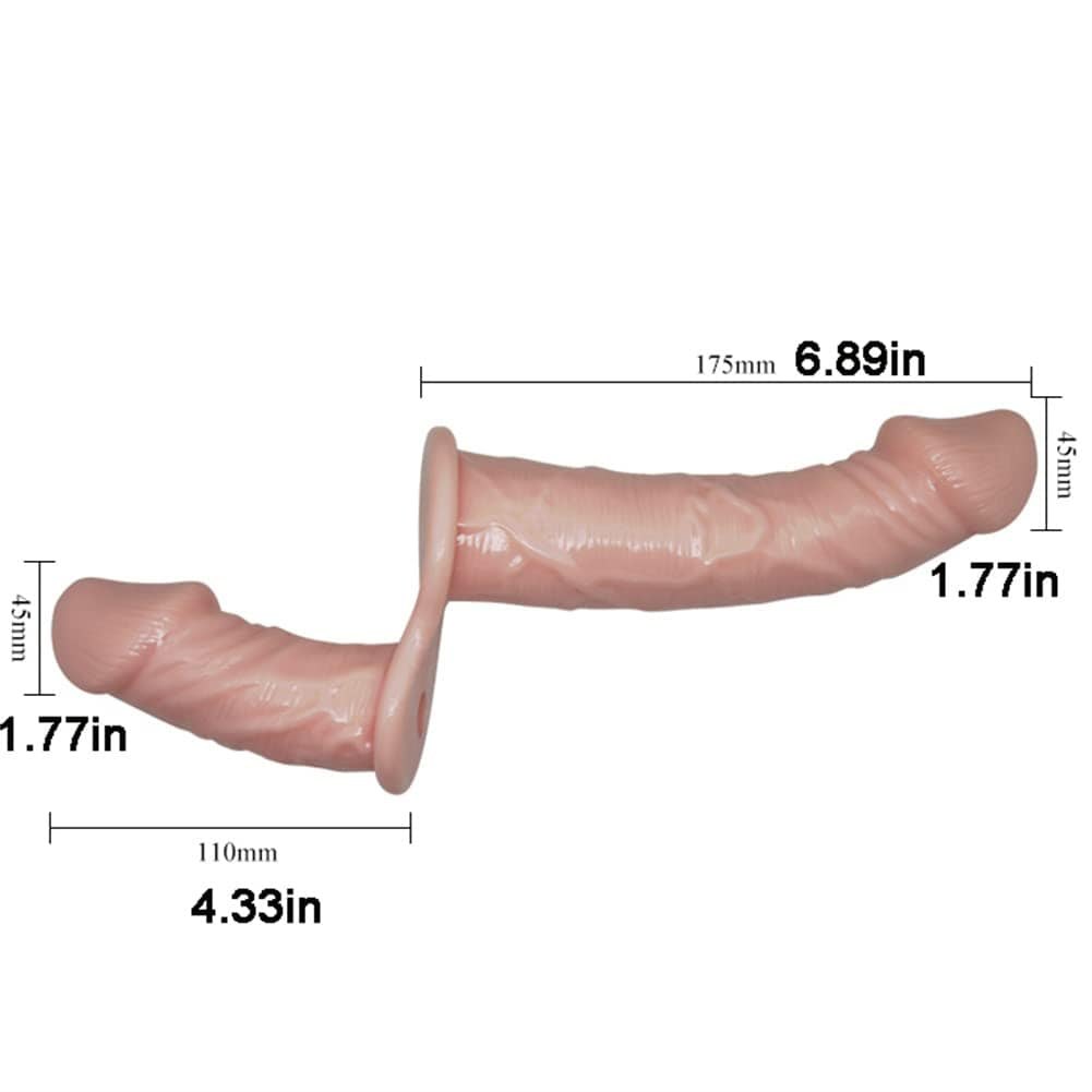 Natural flesh-tone double-ended strap-on dildo with black harness, photo 4