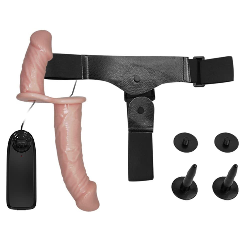 Natural flesh-tone double-ended strap-on dildo with black harness, photo 6