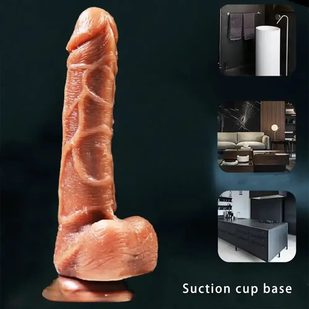 Brown double-layer silicone realistic dildo with suction cup base, photo 3