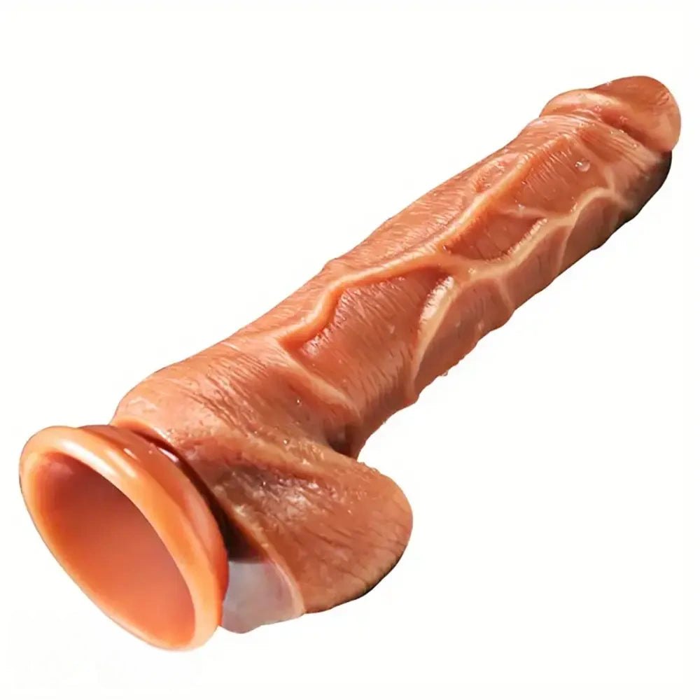 Brown double-layer silicone realistic dildo with suction cup base, photo 5