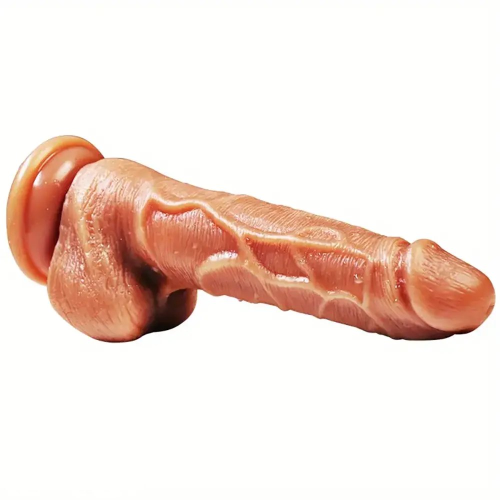 Brown double-layer silicone realistic dildo with suction cup base, photo 6