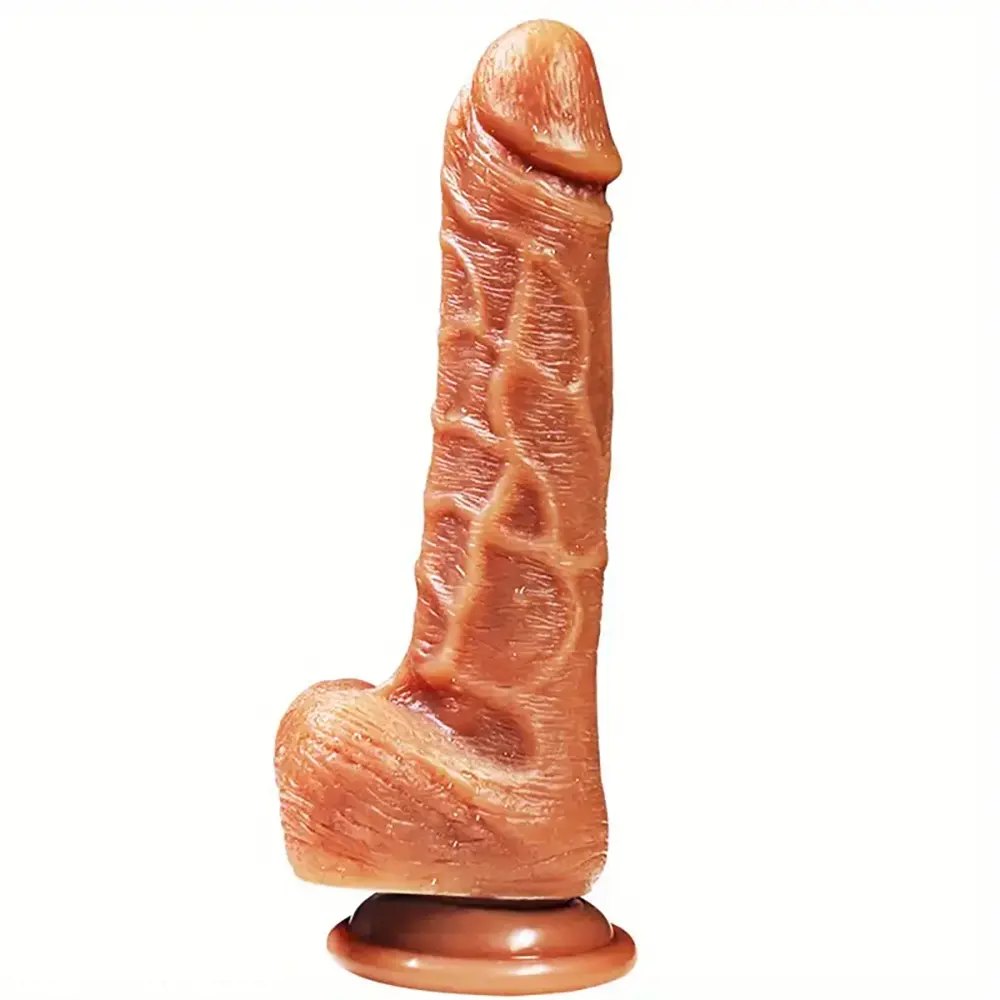 Brown double-layer silicone realistic dildo with suction cup base, photo 7