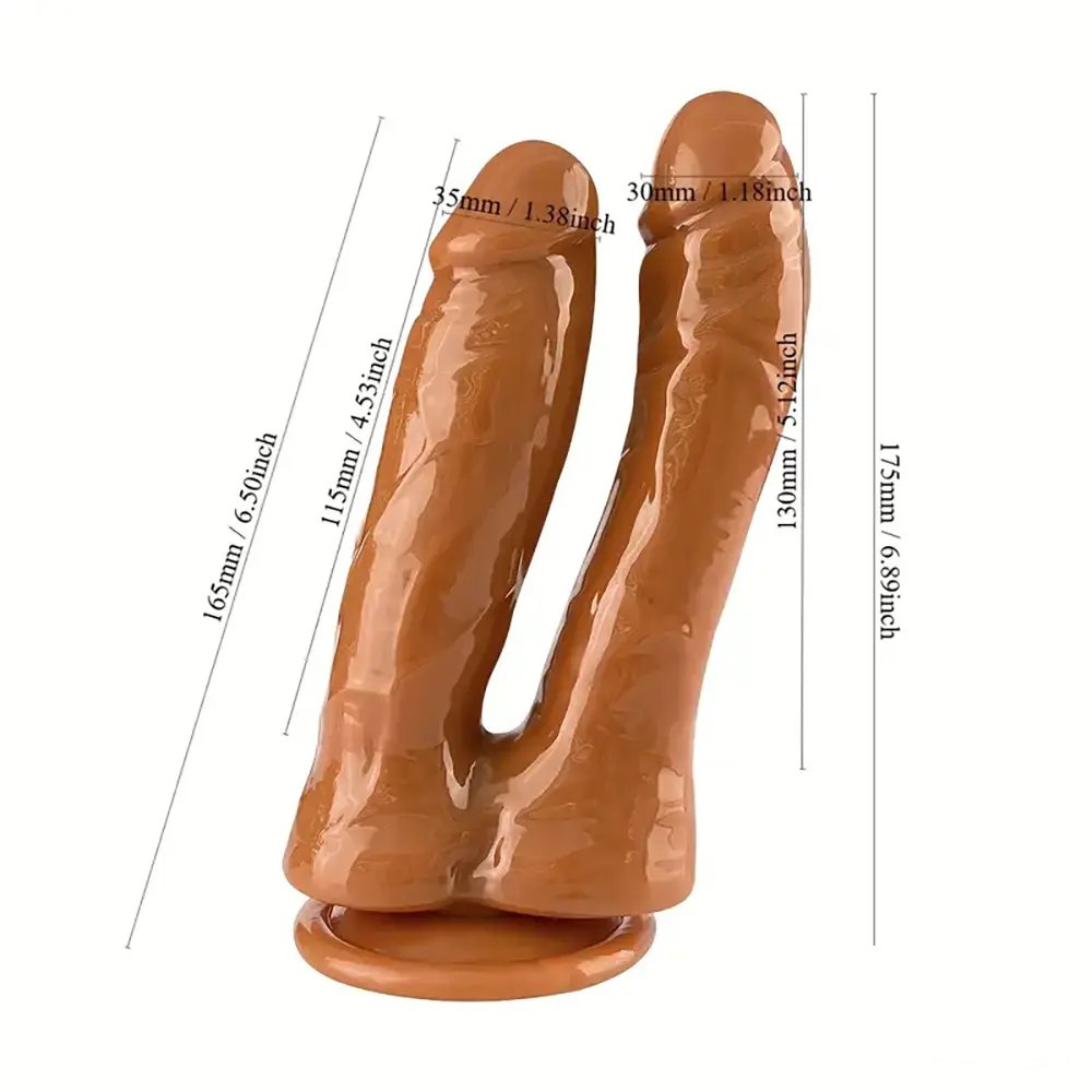 Brown double shaft PVC dildo with suction cup base
